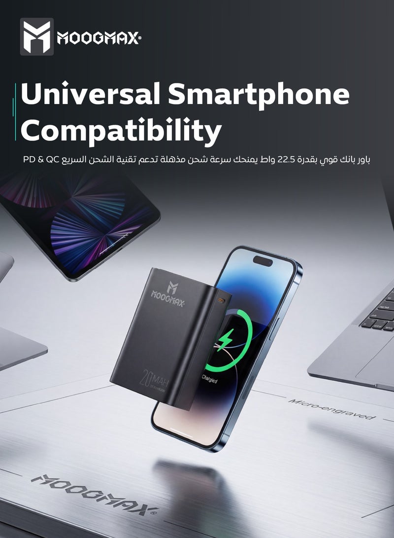 موجماكس مارفل باور بنك 20000 مللي أمبير. باور بانك قوي بقوة 22.5 واط. بطاريه متنقله بتصميم أنيق وبحجم ووزن صغير. شاحن متنقل بمنفذين شحن (شاحن تايب سي & شاحن يو اس بي) تدعم الشحن السريع PD & QC. بور بانك بشاشة عرض رقمية لعرض الشحن. بطارية شحن يسمح بحمله في الطائرات من موجماكس. أسود - Image 5